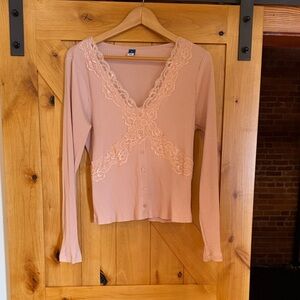Old Navy Light Blush Ribbed Lace-Trim Button Front Top